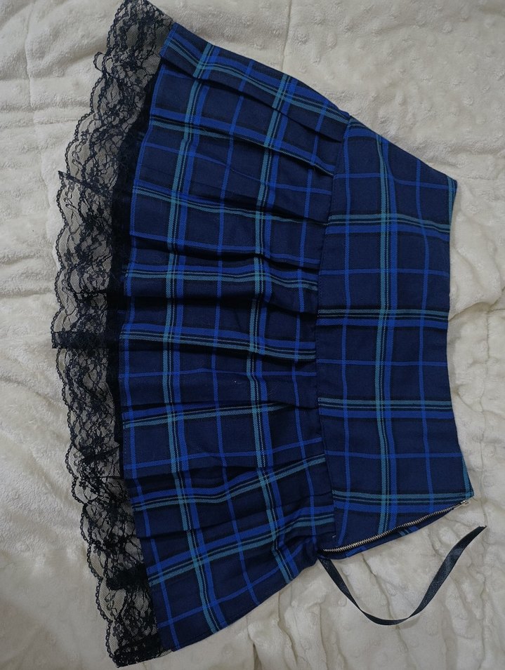 Köstebek Dantel Detaylı Lacivert Ekose Gotik Mini Etek - Görsel 2