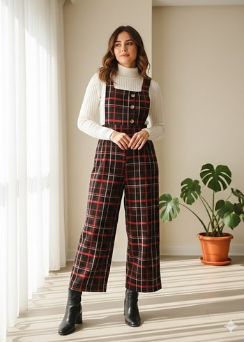 Bordo Kareli Askılı Tulum - Görsel 2