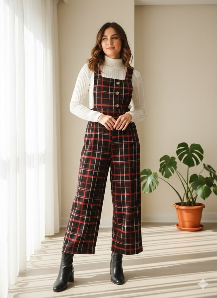 Bordo Kareli Askılı Tulum - Görsel 2