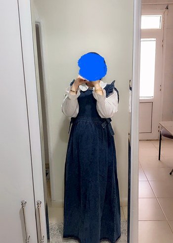 Yüksek Yakalı Lacivert Midi Kot Elbise - Görsel 2