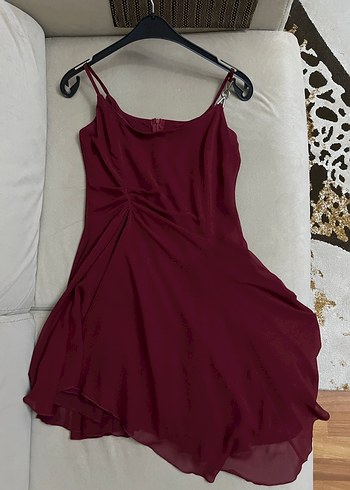Bordo Beli Büzgülü Mini Elbise
