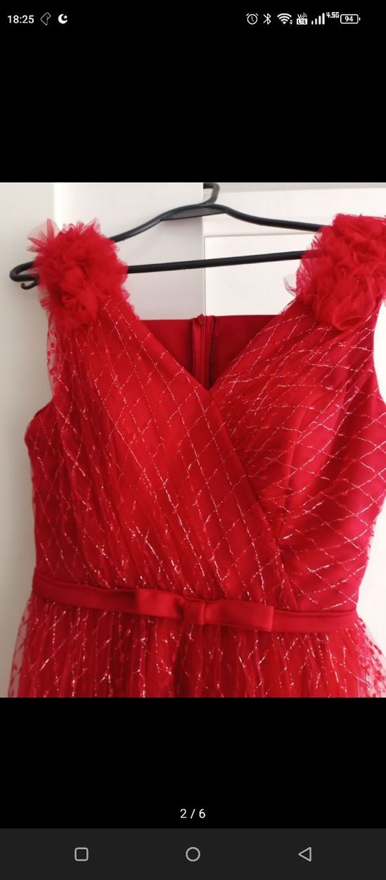 Kırmızı Mini V Yaka Fırfırlı Abiye Elbise - Görsel 2