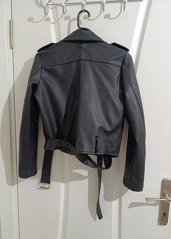 Kemerli Siyah Deri Biker Ceket - Görsel 2