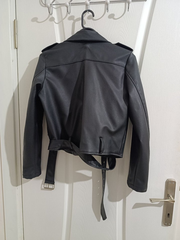 Kemerli Siyah Deri Biker Ceket - Görsel 2