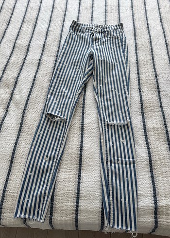 Mavi Çizgili Regular Fit Kadın Kot Pantolon