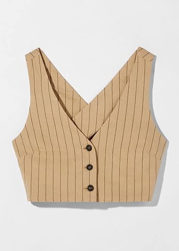 l Beden camel Renk Düğmeli V Yaka Kolsuz Bej Çizgili Crop Yelek