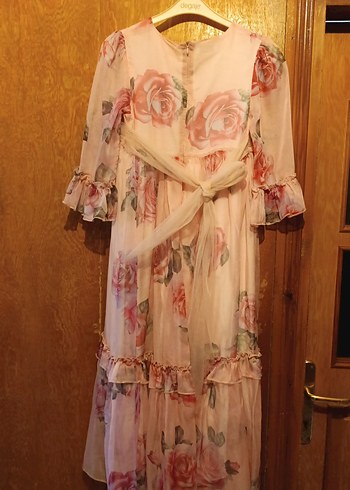 Çiçek Desenli Pembe Uzun Bohem Elbise - Görsel 2