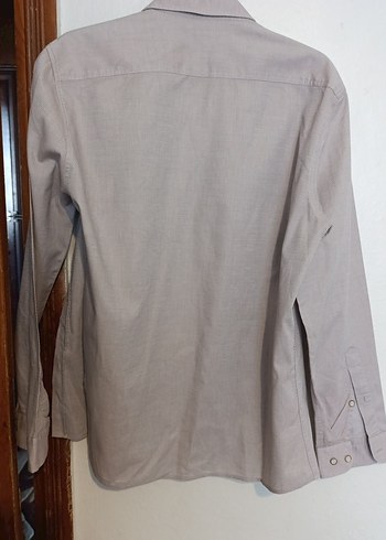 Bej Keten Erkek Gömlek, Uzun Kollu, Düğmeli - Görsel 3