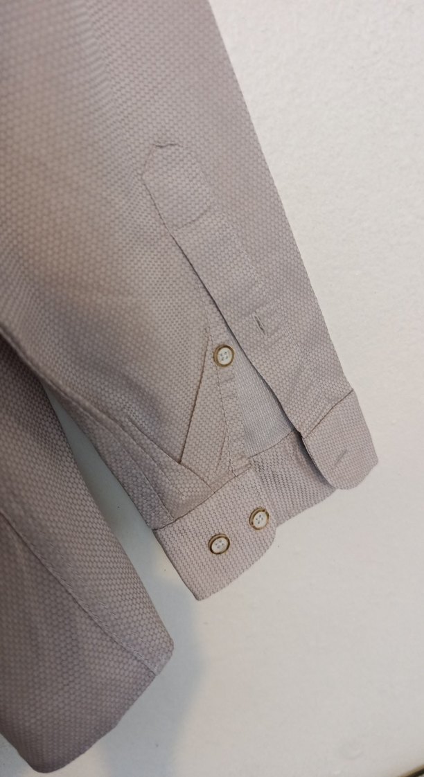 Bej Keten Erkek Gömlek, Uzun Kollu, Düğmeli - Görsel 4