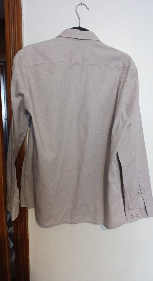 Bej Keten Erkek Gömlek, Uzun Kollu, Düğmeli - Görsel 3