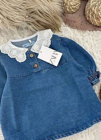 5 Yaş Beden lacivert Renk Zara model dantel detaylı kot elbise