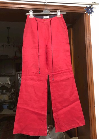 Kemerli Kırmızı Kadın Keten Pantolon - Görsel 2