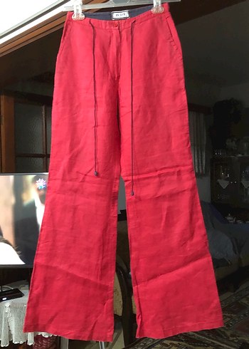 Kemerli Kırmızı Kadın Keten Pantolon - Görsel 3