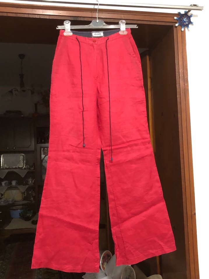 Kemerli Kırmızı Kadın Keten Pantolon - Görsel 2