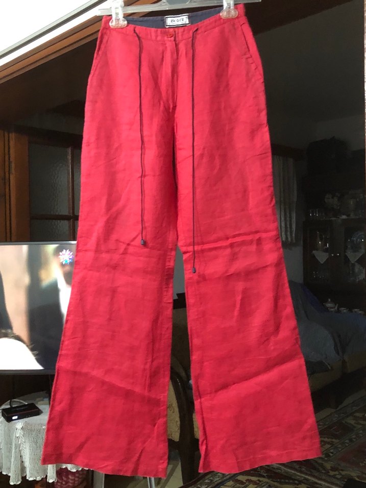 Kemerli Kırmızı Kadın Keten Pantolon - Görsel 3