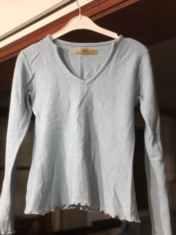 Açık mavi V Yaka Uzun Kollu Lamswoll Kadın Kazak - Görsel 2