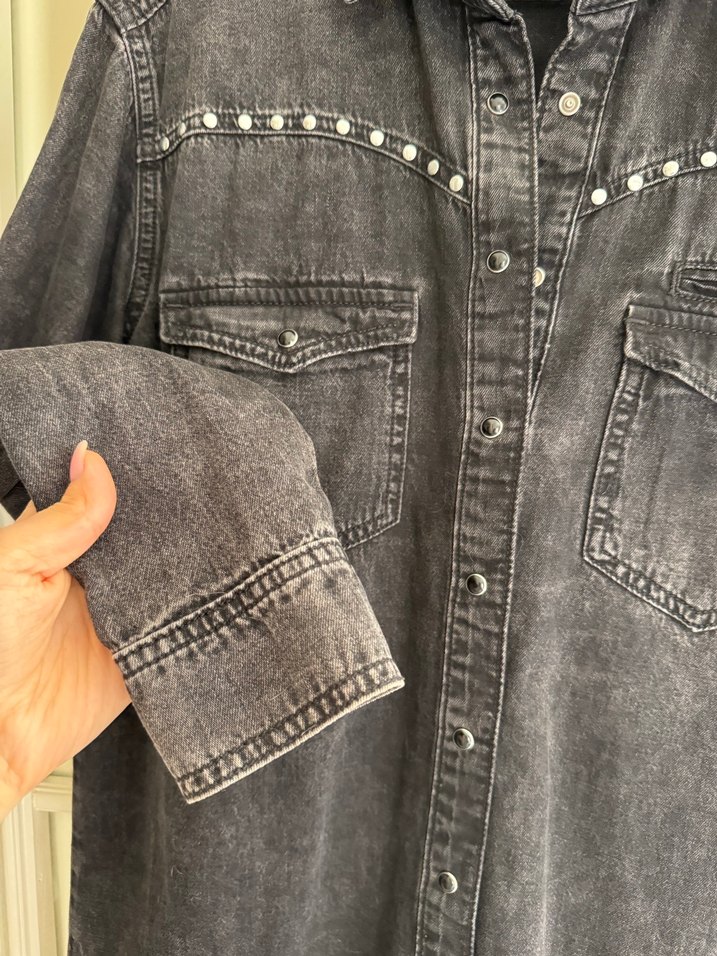 Düğmeli Gri Kadın Denim Ceket - Görsel 3