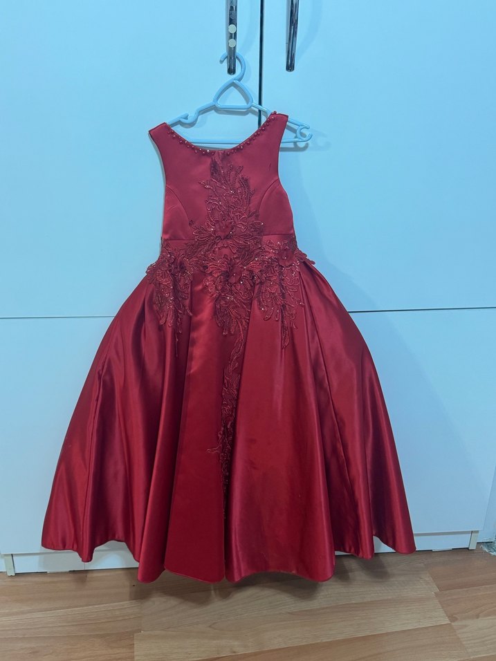 Bordo Nakışlı Klasik Kız Çocuk Abiye Elbise - Görsel 2