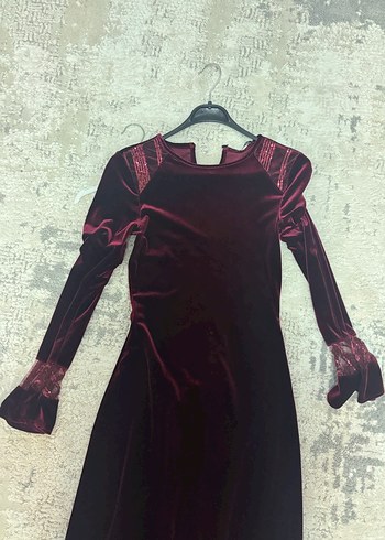 Bordo Süet Uzun Kollu Uzun Elbise - Görsel 2