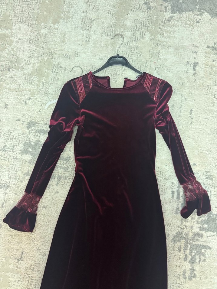 Bordo Süet Uzun Kollu Uzun Elbise - Görsel 2