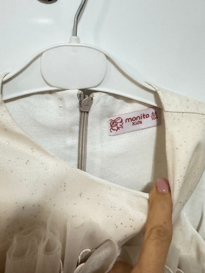 Kız Çocuk Bej Nakışlı Klasik Elbise - Görsel 5