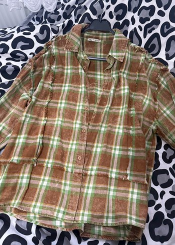 Düğmeli Kahverengi Ekose Bohem Kadın Gömlek - Görsel 4