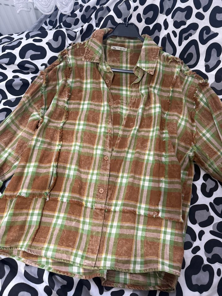 Düğmeli Kahverengi Ekose Bohem Kadın Gömlek - Görsel 4