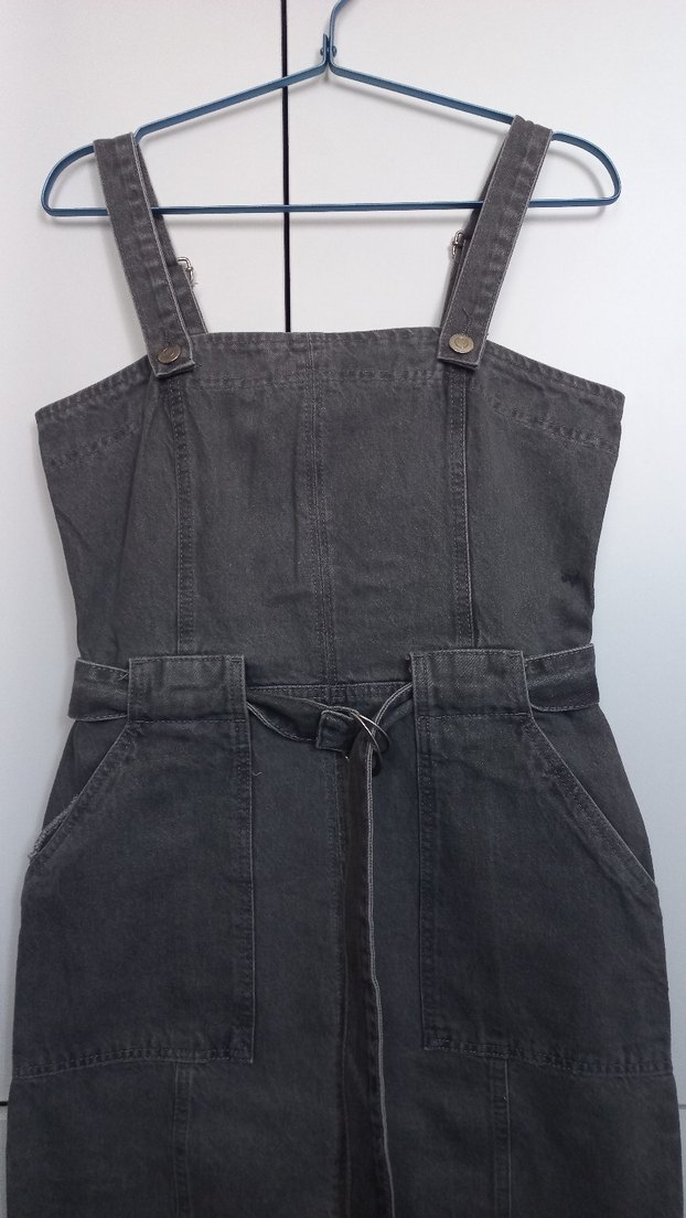 Gri Kot Midi Askılı Kemerli Kadın elbise - Görsel 4