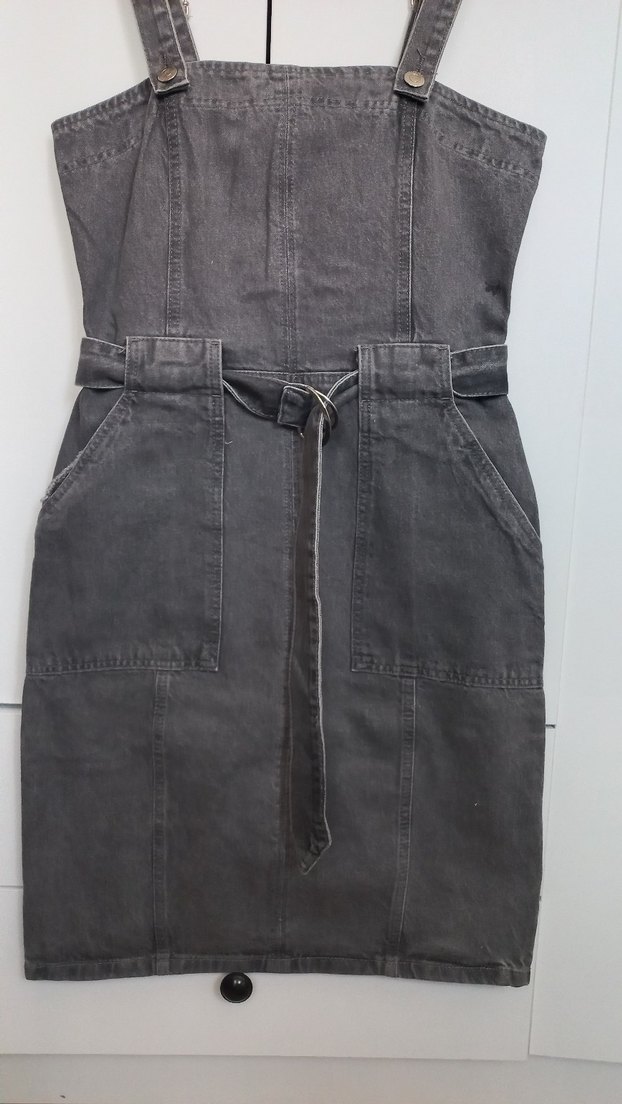 Gri Kot Midi Askılı Kemerli Kadın elbise - Görsel 3