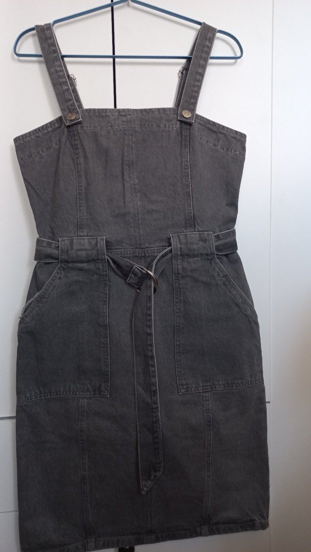 Gri Kot Midi Askılı Kemerli Kadın elbise - Görsel 2