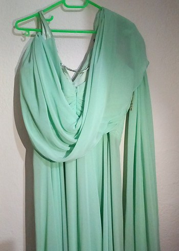 Turkuaz Drapeli V Yaka Uzun Abiye Elbise - Görsel 3