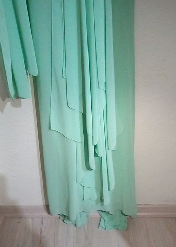 Turkuaz Drapeli V Yaka Uzun Abiye Elbise - Görsel 2