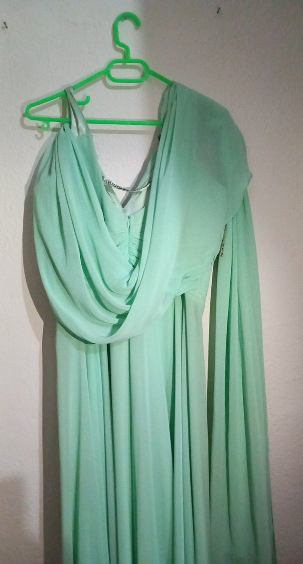 Turkuaz Drapeli V Yaka Uzun Abiye Elbise - Görsel 3