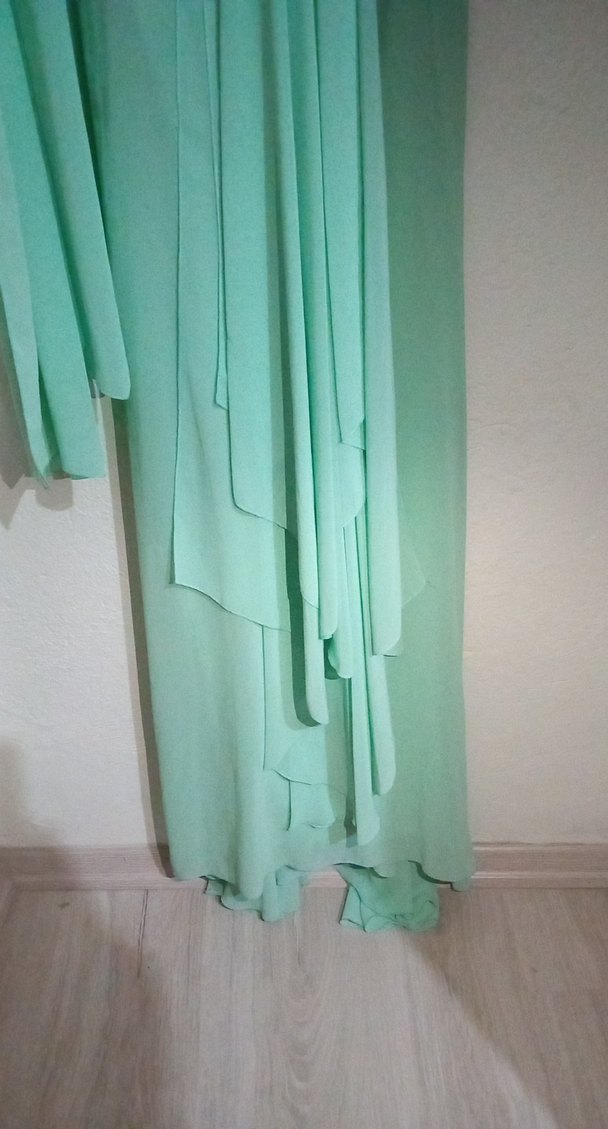 Turkuaz Drapeli V Yaka Uzun Abiye Elbise - Görsel 2