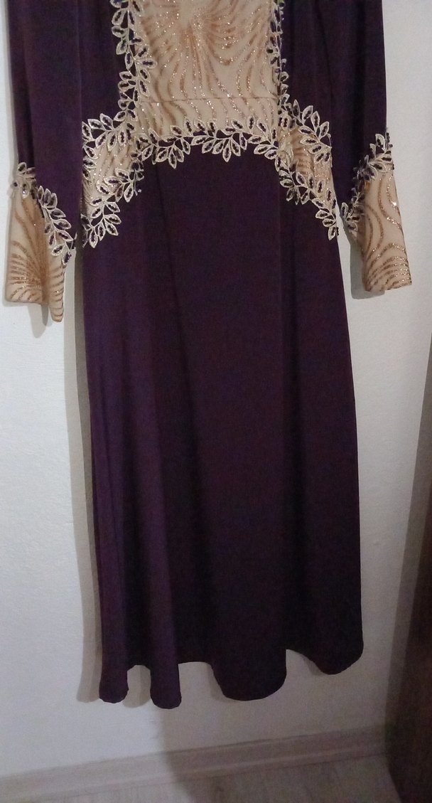 Uzun Kollu Mor Nakışlı Kadın Elbise - Görsel 3