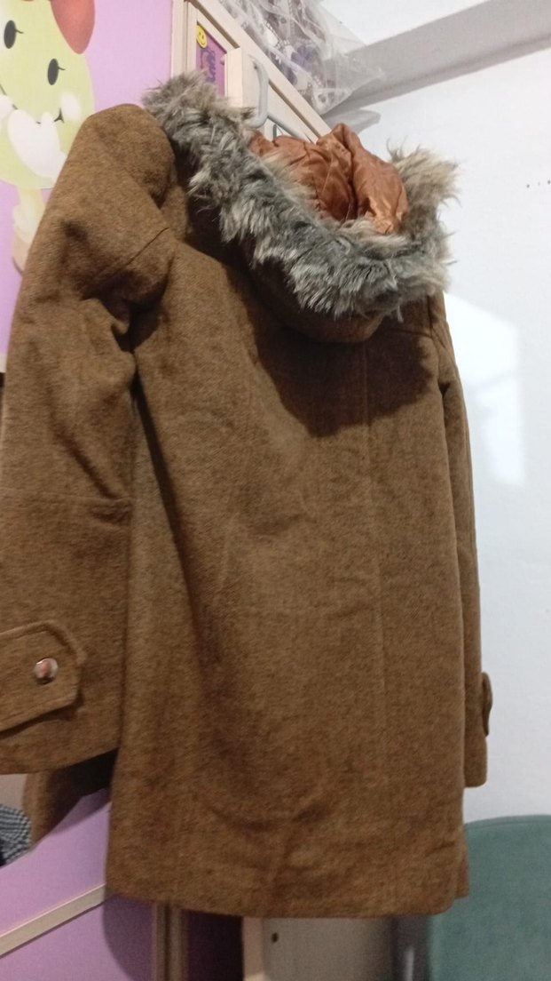 Düğmeli Kahverengi Yün Uzun Maternity Kaban - Görsel 2