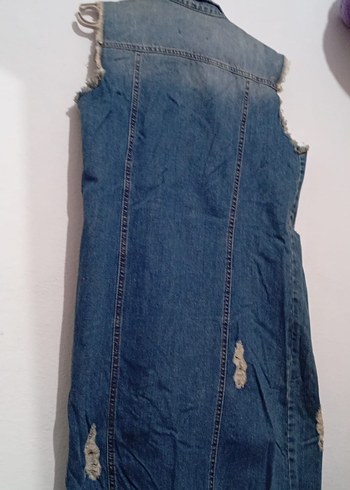 Düğmeli Uzun Kollu Mavi Kadın Denim Yelek - Görsel 2