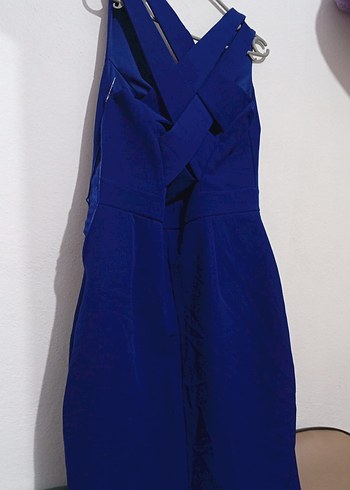 Koyu Mavi V Yakalı Kemerli Midi Elbise - Görsel 2