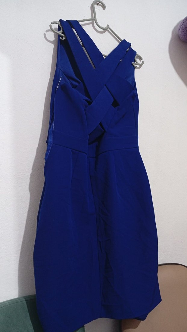 Koyu Mavi V Yakalı Kemerli Midi Elbise - Görsel 2