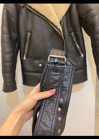 s Beden Kahverengi Kürklü Deri Biker Ceket