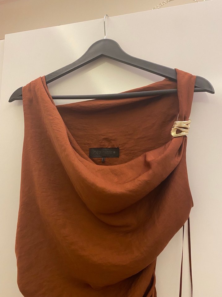 Drapeli Uzun Kahverengi Kadın Elbise - Görsel 3