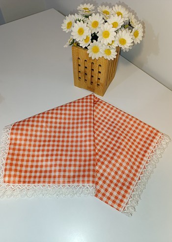 Turuncu Kareli Dantel Kenarlı Ranır Örtü - Görsel 4