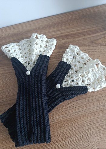 Siyah Krem Örgü Kadın Eldiven - Görsel 3