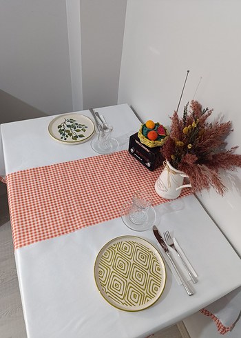 Beyaz Turuncu Kareli Masa Örtüsü - Görsel 5