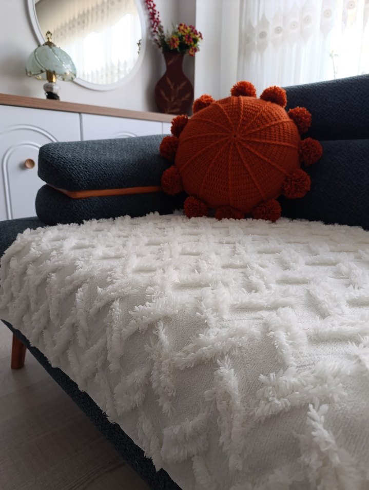 Turuncu Bohem Ponponlu Yuvarlak Minder - Görsel 4