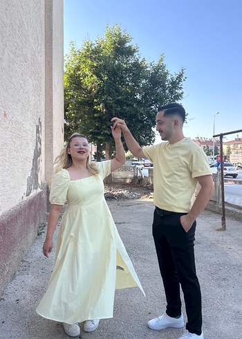 l Beden Sarı Midi balon kol yırtmaçlı elbise
