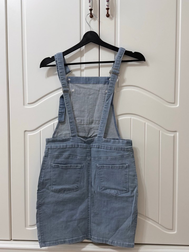 Kadın Gri Denim Midi Salopet - Görsel 4