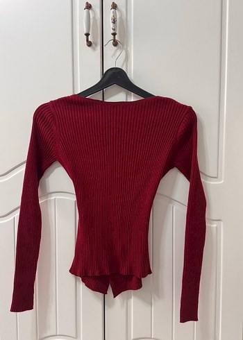 Bordo V Yaka Fitilli Triko Kadın Kazak - Görsel 3