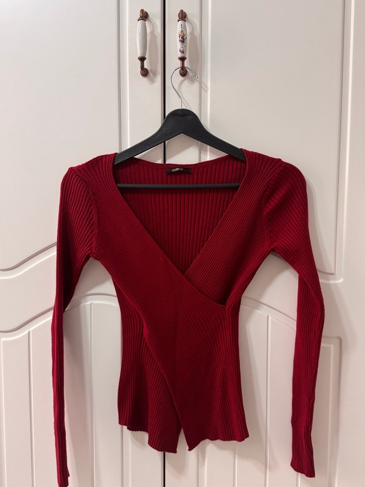 Bordo V Yaka Fitilli Triko Kadın Kazak - Görsel 2