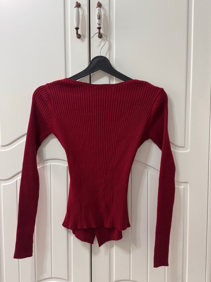 Bordo V Yaka Fitilli Triko Kadın Kazak - Görsel 3